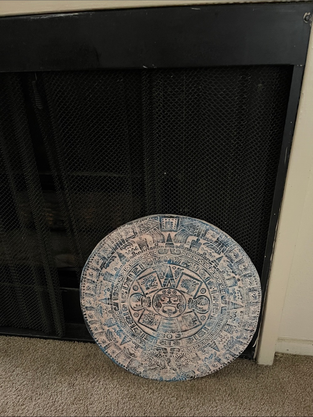 Aztec-Inspired Round Wall Plaque in White and Blue